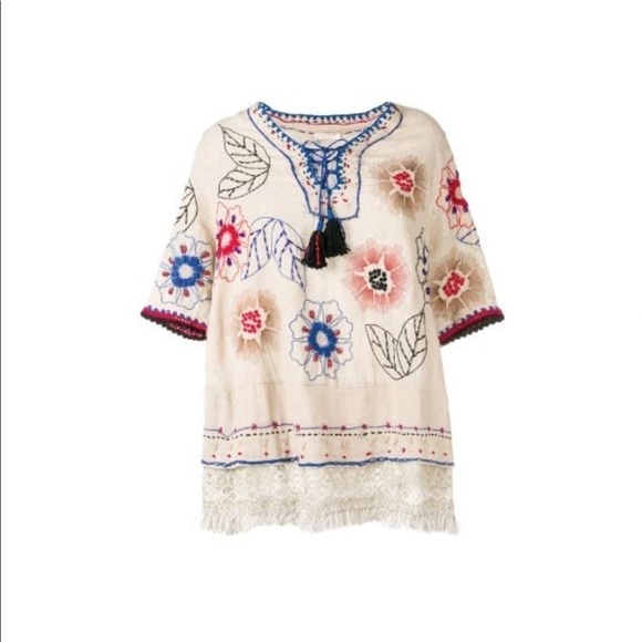 ANJUNA Azzurra Embroidered Linen blend Tunic Tassel Top - Picture 3 of 8
